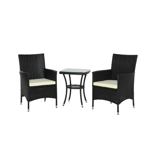 Black wicker outdoor furniture set with two chairs and a table on a white background