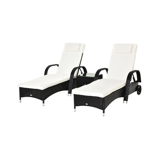 Two black wicker lounge chairs with white cushions on a white background