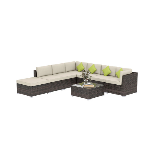 Sectional outdoor sofa with beige cushions and green pillows on a white background