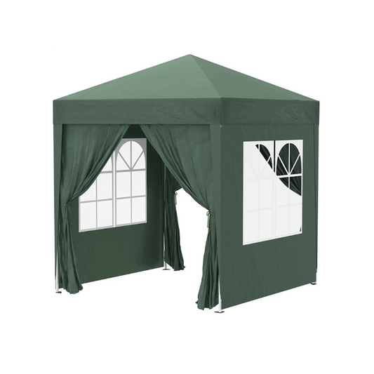 Green outdoor canopy tent with side panels on a white background