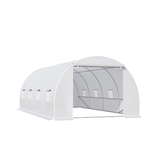 White greenhouse with mesh sides on a white background