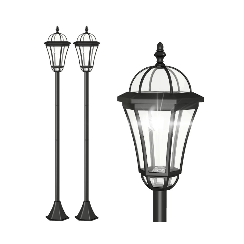 Two black outdoor lamps with clear glass shades on a white background