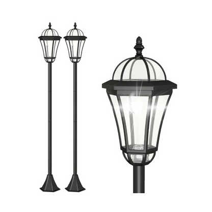 Two black outdoor lamps with clear glass shades on a white background