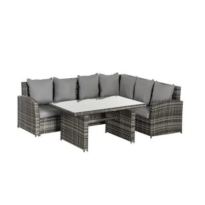 Gray outdoor sectional sofa with cushions on a white background