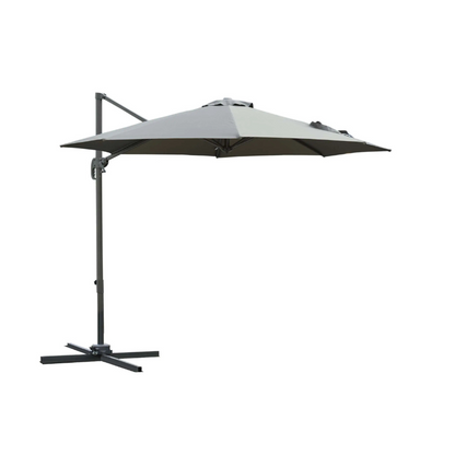 Gray outdoor umbrella with a black stand on a white background