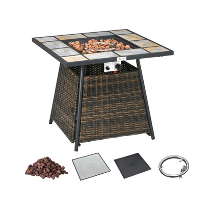 Outdoor fire pit table with accessories on a white background