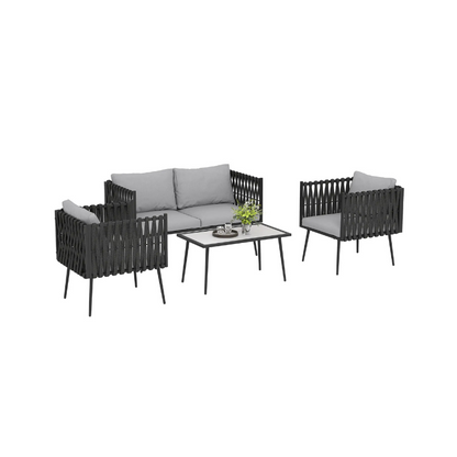 Outdoor furniture set with a sofa and two chairs on a white background