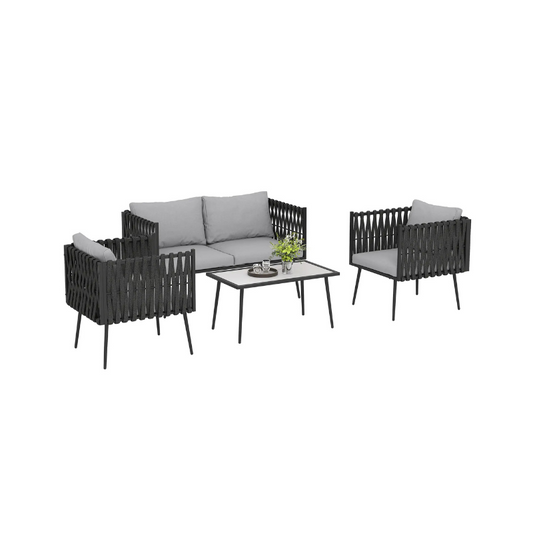 Outdoor furniture set with a sofa and two chairs on a white background