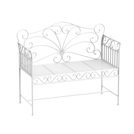 Decorative metal bench with intricate designs on a white background