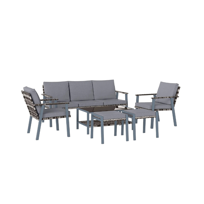 Outdoor furniture set with a sofa, chairs, and tables on a white background