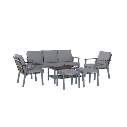 Outdoor furniture set with a sofa, chairs, and tables on a white background