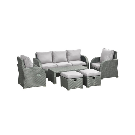 Outdoor furniture set with gray cushions on a white background
