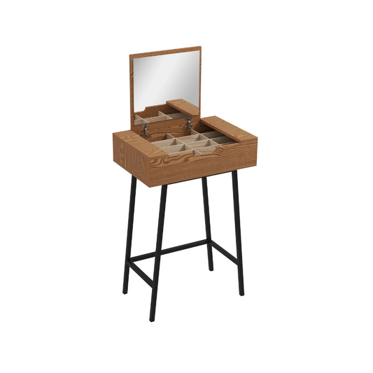 Wooden vanity table with mirror on a white background