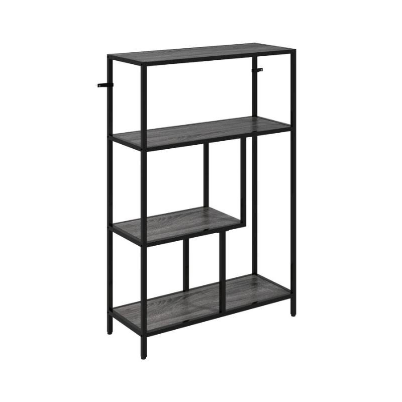 Black metal and wood shelf with four shelves on a white background