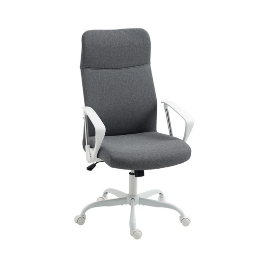Gray office chair with white base and armrests on a white background