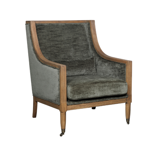 Gray upholstered armchair with wooden frame on a white background