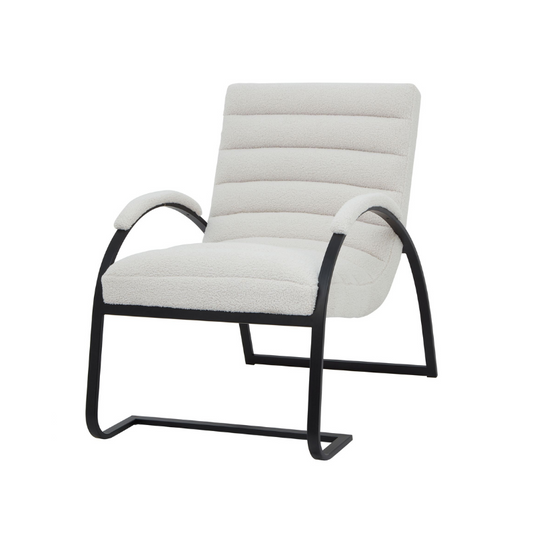 White armchair with black metal frame on a white background