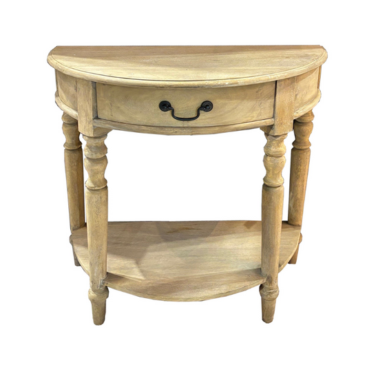 Wooden half-moon console table with a drawer on a white background
