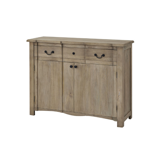 Wooden sideboard with three doors and two drawers on a white background