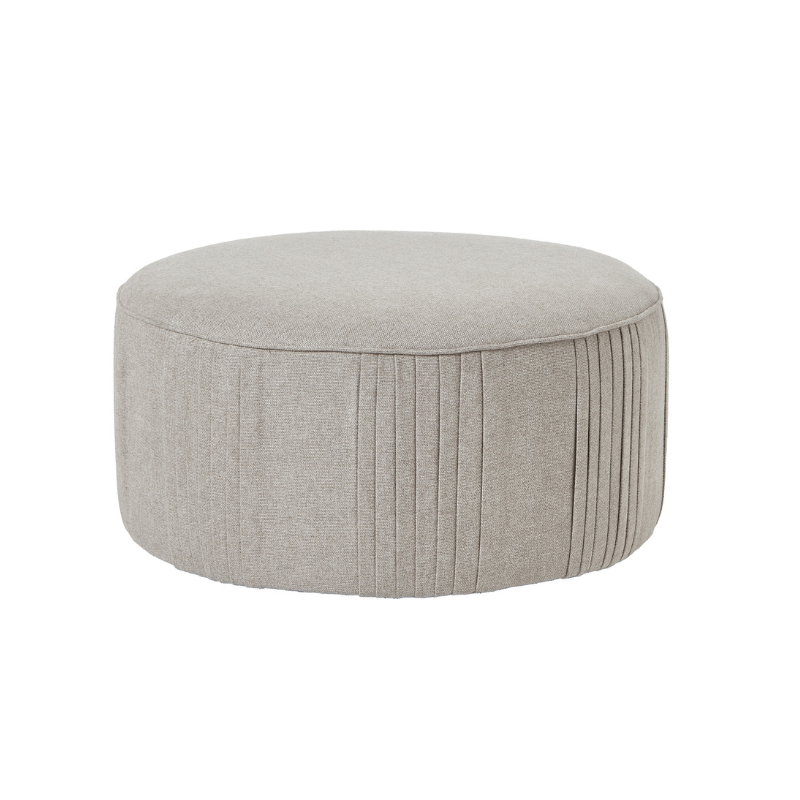 Round gray ottoman with pleated design on a white background