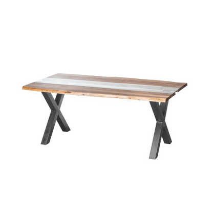 Wooden table with metal legs on a white background