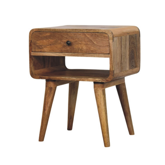Wooden side table with a drawer on a white background