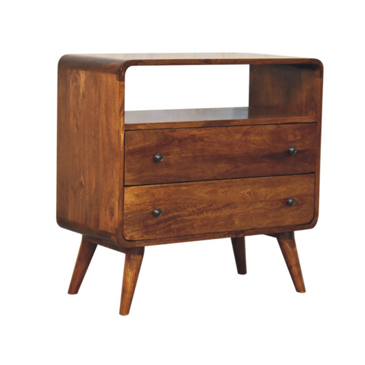 Wooden nightstand with two drawers on a white background