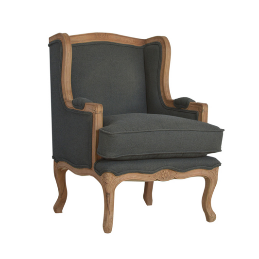 Gray upholstered chair with wooden frame on a white background