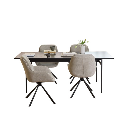 Dining table set with four chairs on a white background