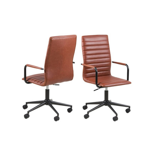 Two brown office chairs with black wheels on a white background