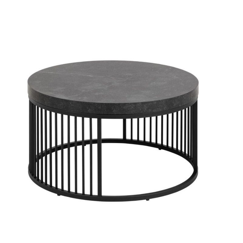Round coffee table with black marble top and metal base on a white background