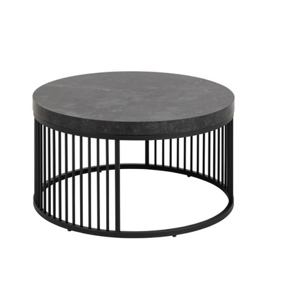 Round coffee table with black marble top and metal base on a white background