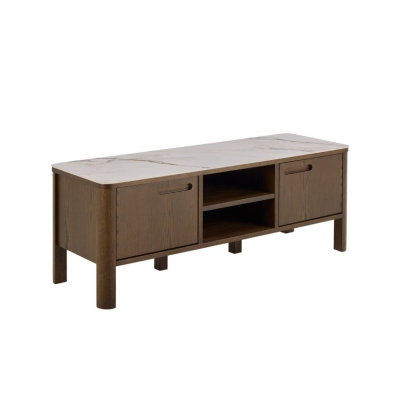 Wooden TV stand with marble-like top on a white background