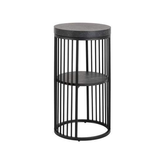 Black metal side table with round top and cylindrical base on a white background