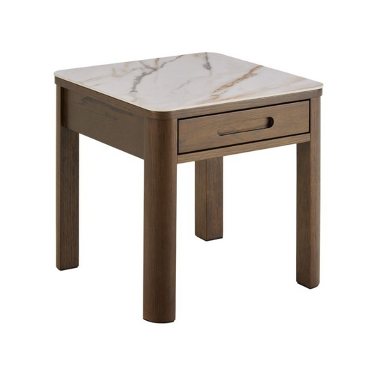 Small wooden side table with marble-like top on a white background