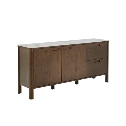 Wooden sideboard with white countertop on a white background