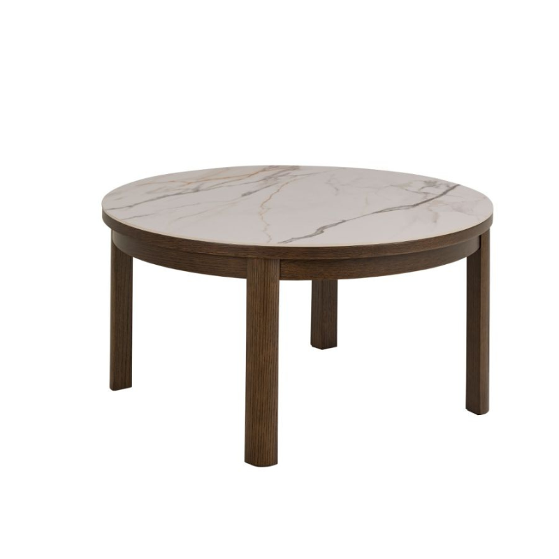 Round table with marble top and wooden legs on a white background