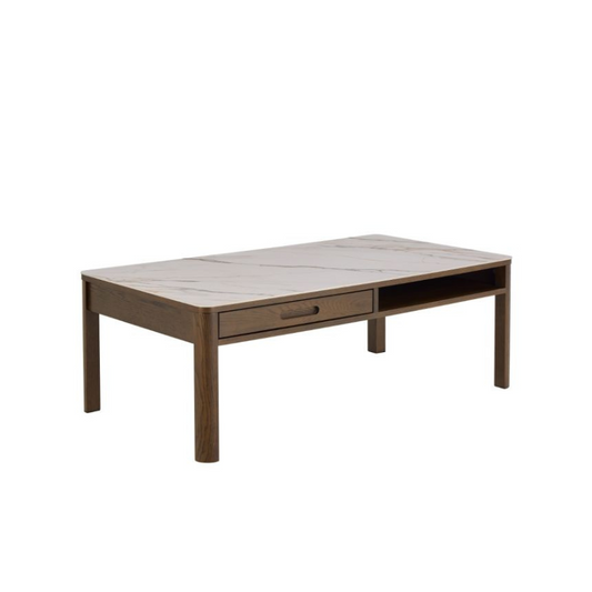 Wooden coffee table with a white marble-like top on a white background