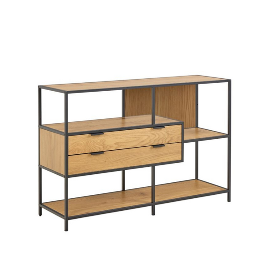 Wooden shelf with metal frame on a white background
