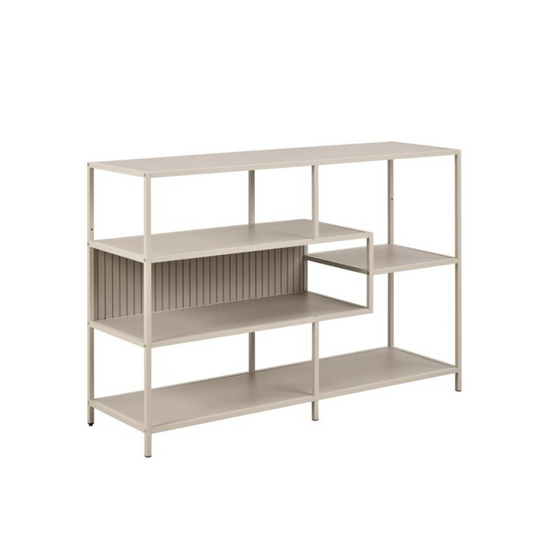 Beige metal shelving unit with multiple shelves on a white background
