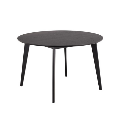 Round black table with four legs on a white background