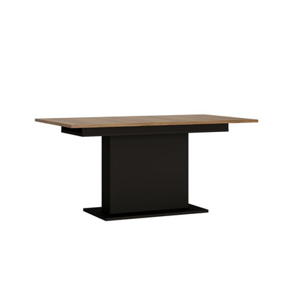 Table with wooden top and black base on a white background