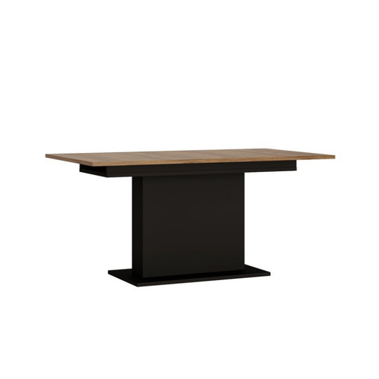 Table with wooden top and black base on a white background