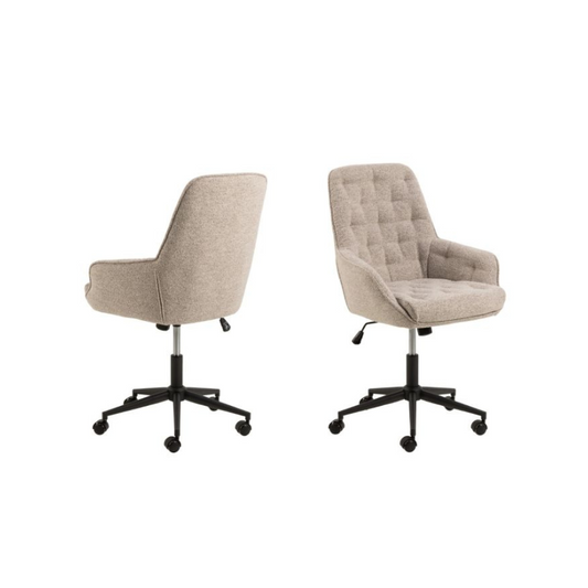 Two beige office chairs with black wheels on a white background