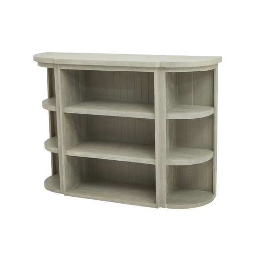 Light gray corner shelf with multiple shelves on a white background