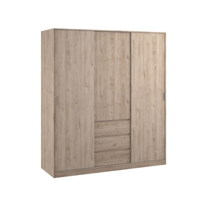 Wooden wardrobe with sliding doors on a white background