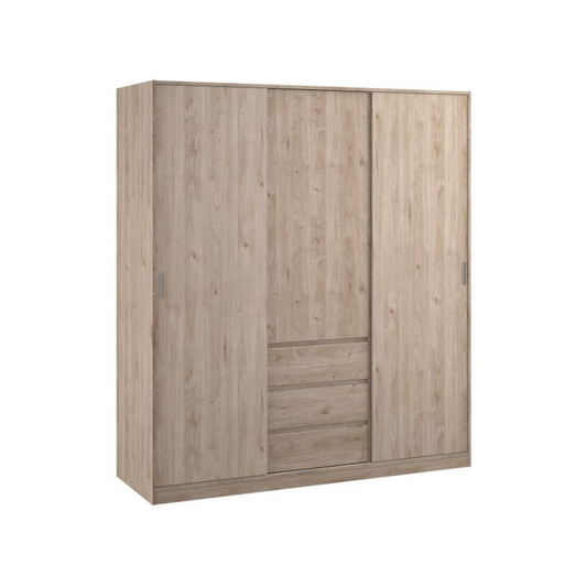 Wooden wardrobe with sliding doors on a white background