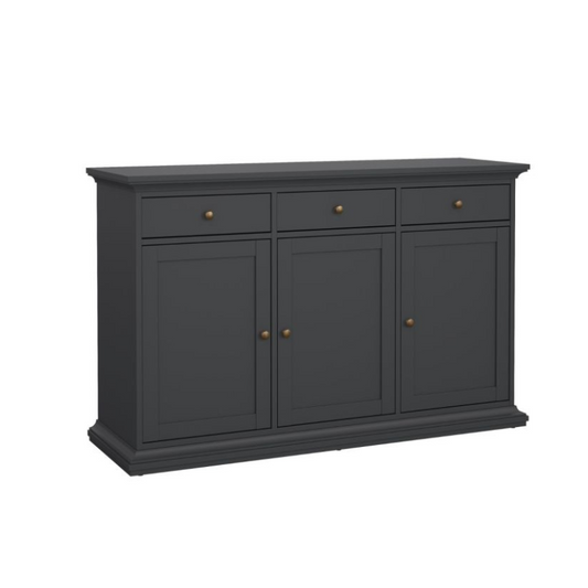 Dark gray sideboard with three doors and two drawers on a white background
