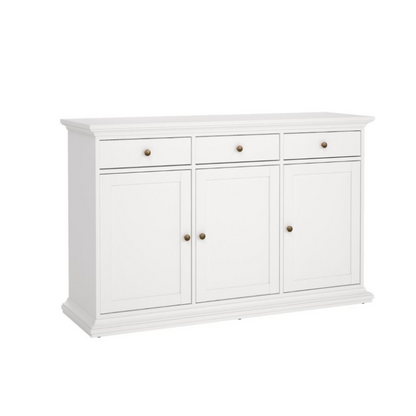 White sideboard with four doors and three drawers on a white background