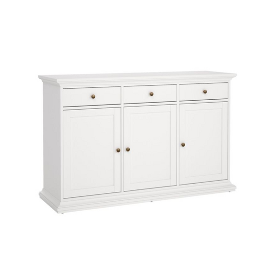 White sideboard with four doors and three drawers on a white background